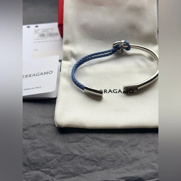 Salvatore Ferragamo Blue and Silver Men's Bracelet with engraved logo brand new
